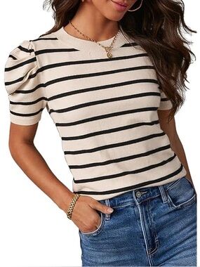 Striped Puff Sleeve Knit Top in Cream and Black